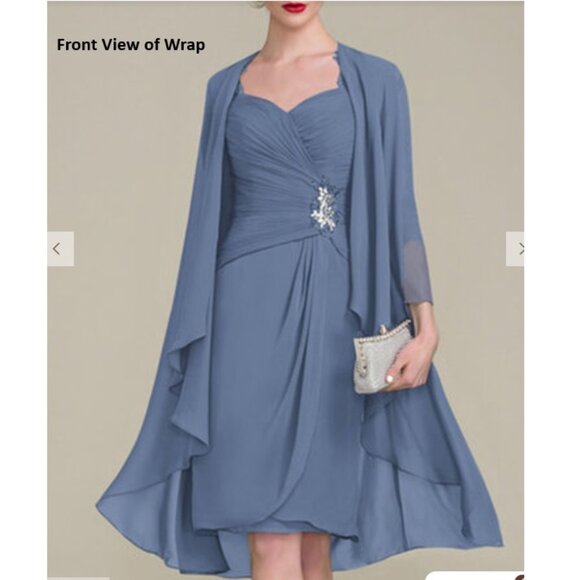 JJs House A-Line V-Neck Asymmetrical Blue Dress with Lace Includes Matching Wrap - Picture 4 of 8